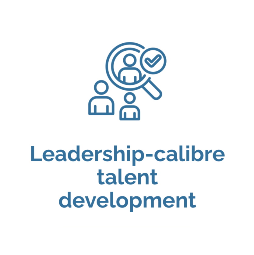 Icon of a person under magnifying glass with a checkmark, and two additional people below, with text 'Leadership-calibre talent development'.