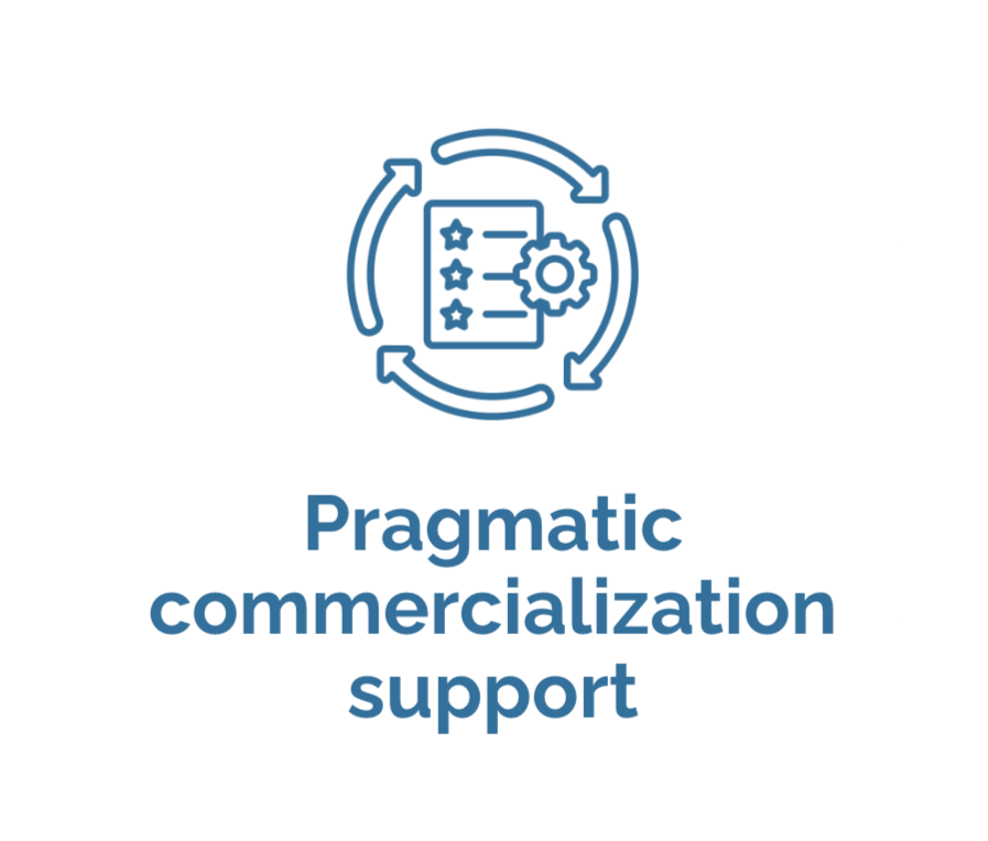 Icon of a checklist and gear with circular arrows around it, representing process or workflow, with the text 'Pragmatic commercialization support' below.