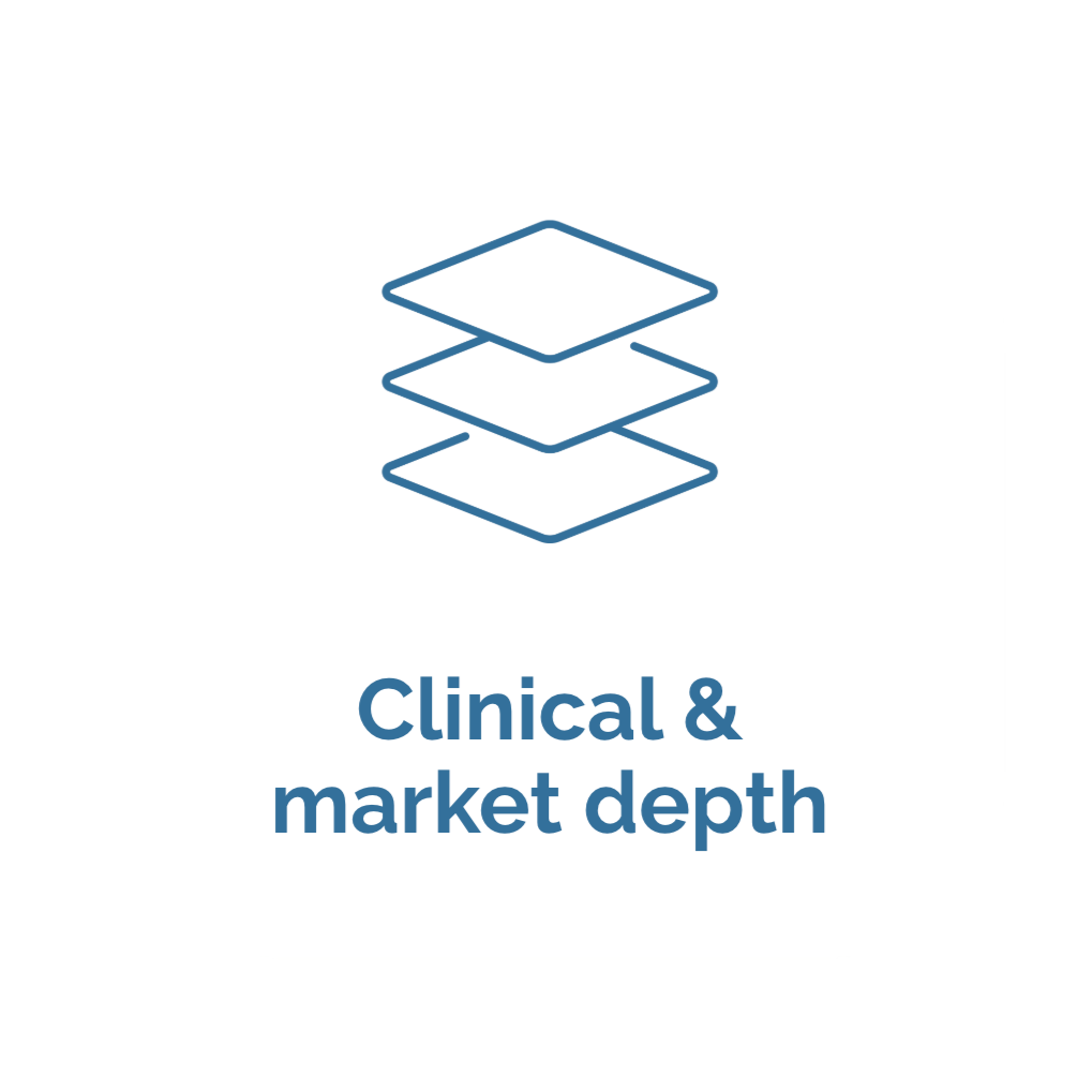Illustration of three stacked layers with the text "Clinical & market depth" underneath.