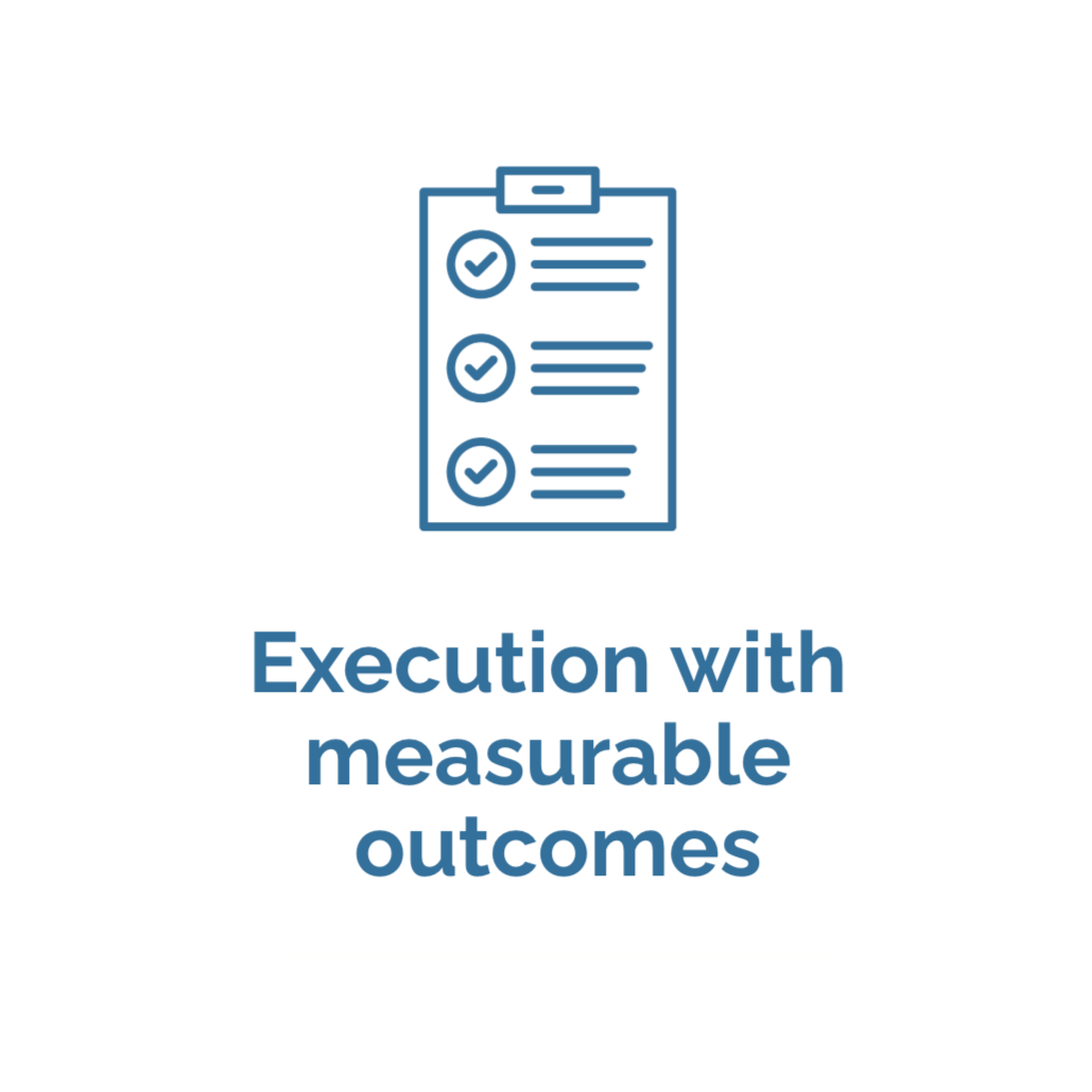 A simple icon of a checklist on a clipboard with three check marks next to items, accompanied by the text "Execution with measurable outcomes".