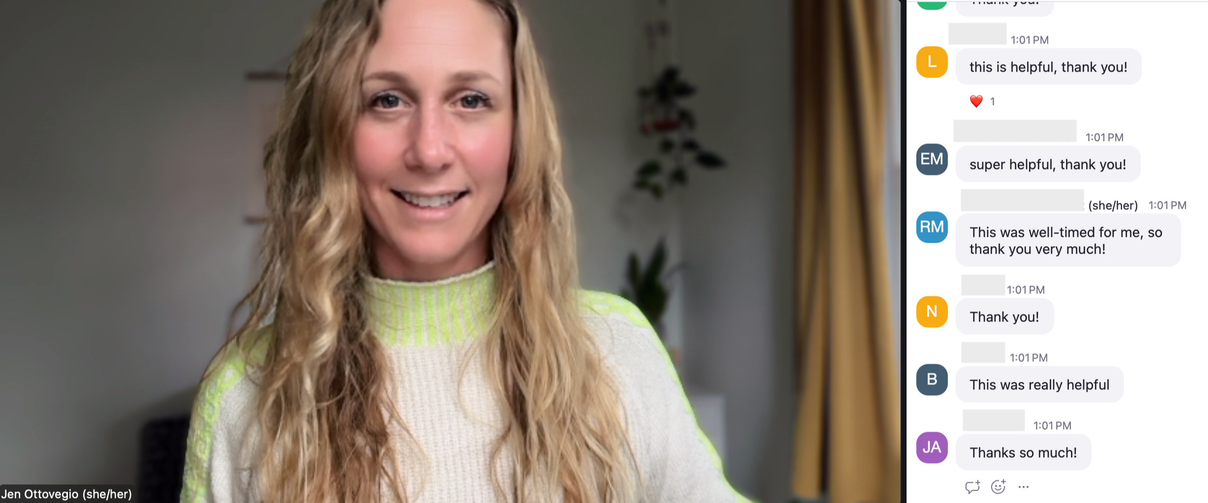 A woman with long, wavy blonde hair smiling at the camera during a video call, with a chat conversation visible on the side.
