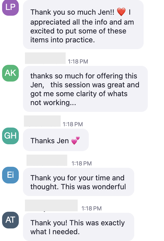 Screenshot of a messaging conversation with five participants, discussing a beneficial session, expressing gratitude and appreciation.