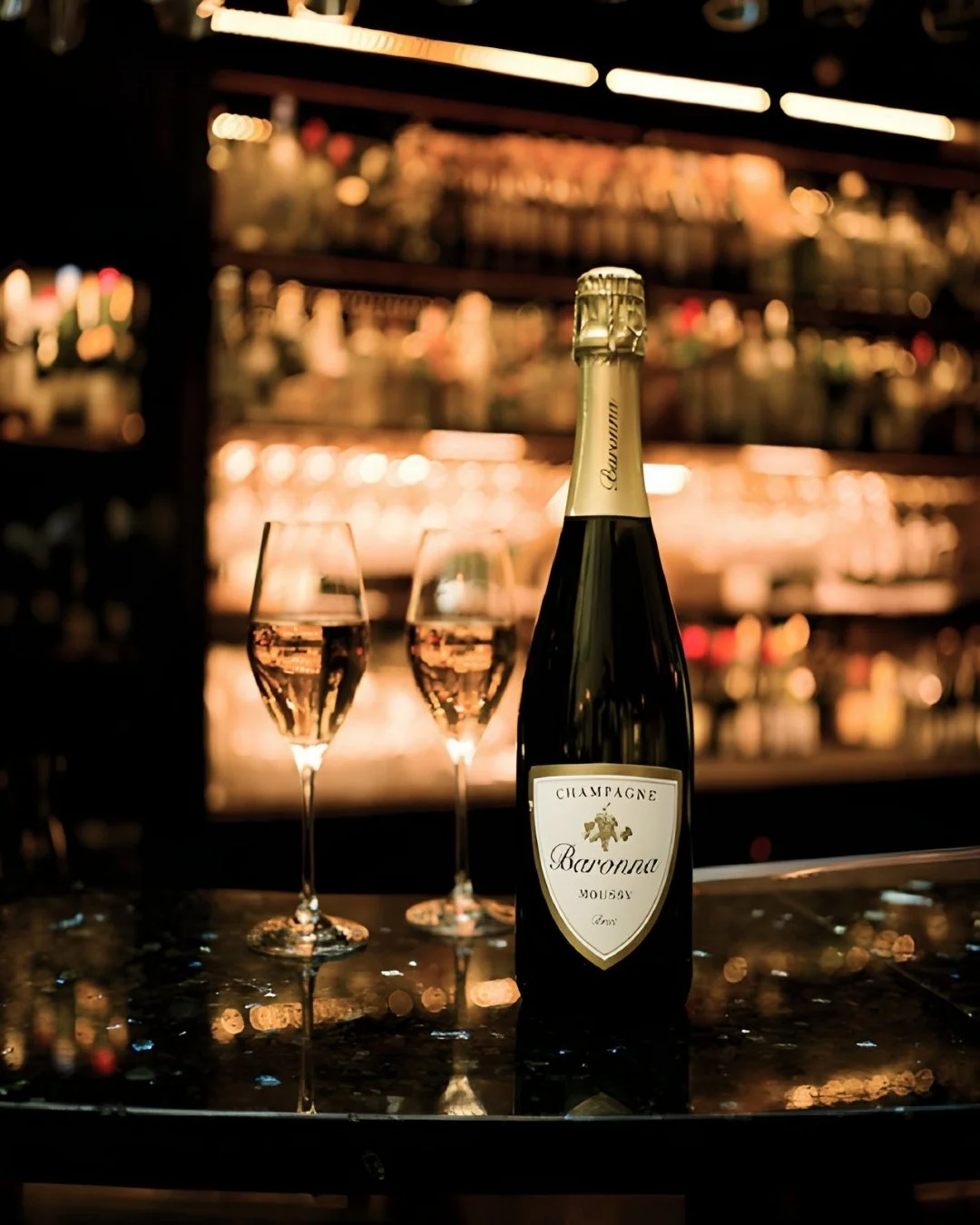 A bottle of champagne and two glasses filled with pink champagne on a reflective bar counter in a dimly lit bar or lounge with blurred shelves of bottles in the background.