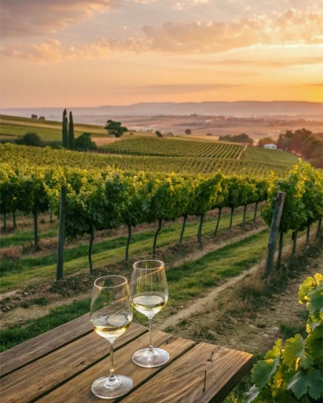 Two glasses of white wine on a wooden table overlooking a scenic vineyard landscape at sunset.