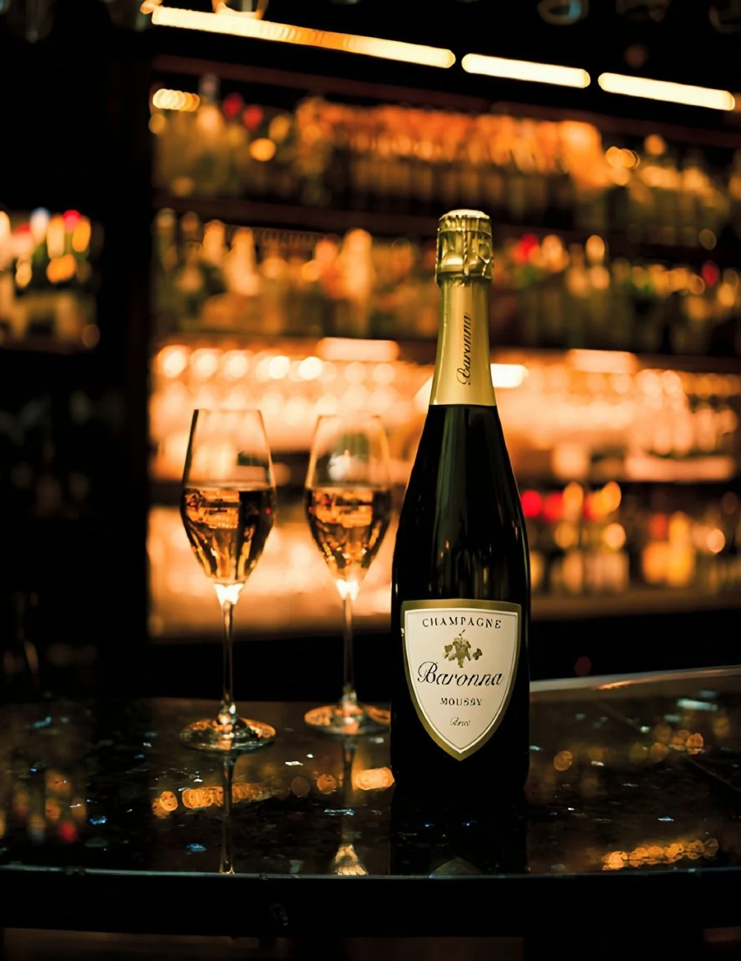 A bottle of champagne labeled 'Champagne Barona' and two glasses filled with champagne are on a glass surface. Blurred shelves with bottles and warm lighting are in the background.