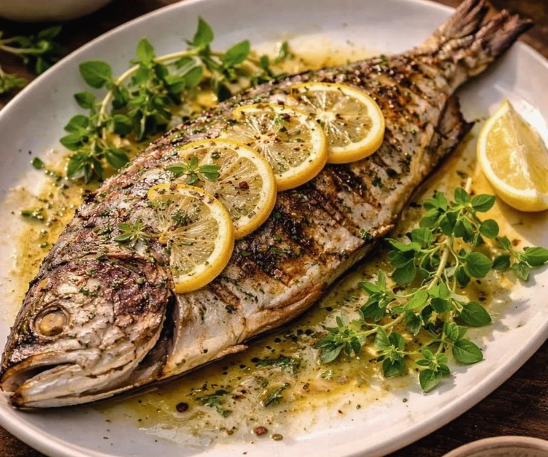 A whole grilled fish garnished with lemon slices and fresh herbs on a white platter.
