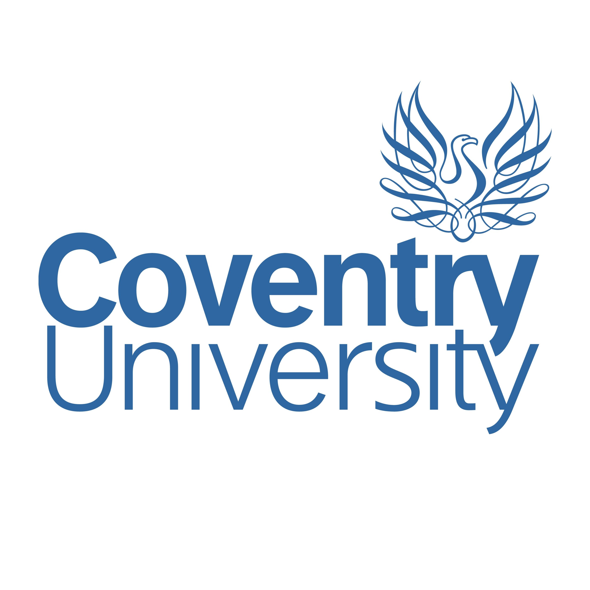 Logo of Coventry University featuring a stylized blue swan with wings spread upward.