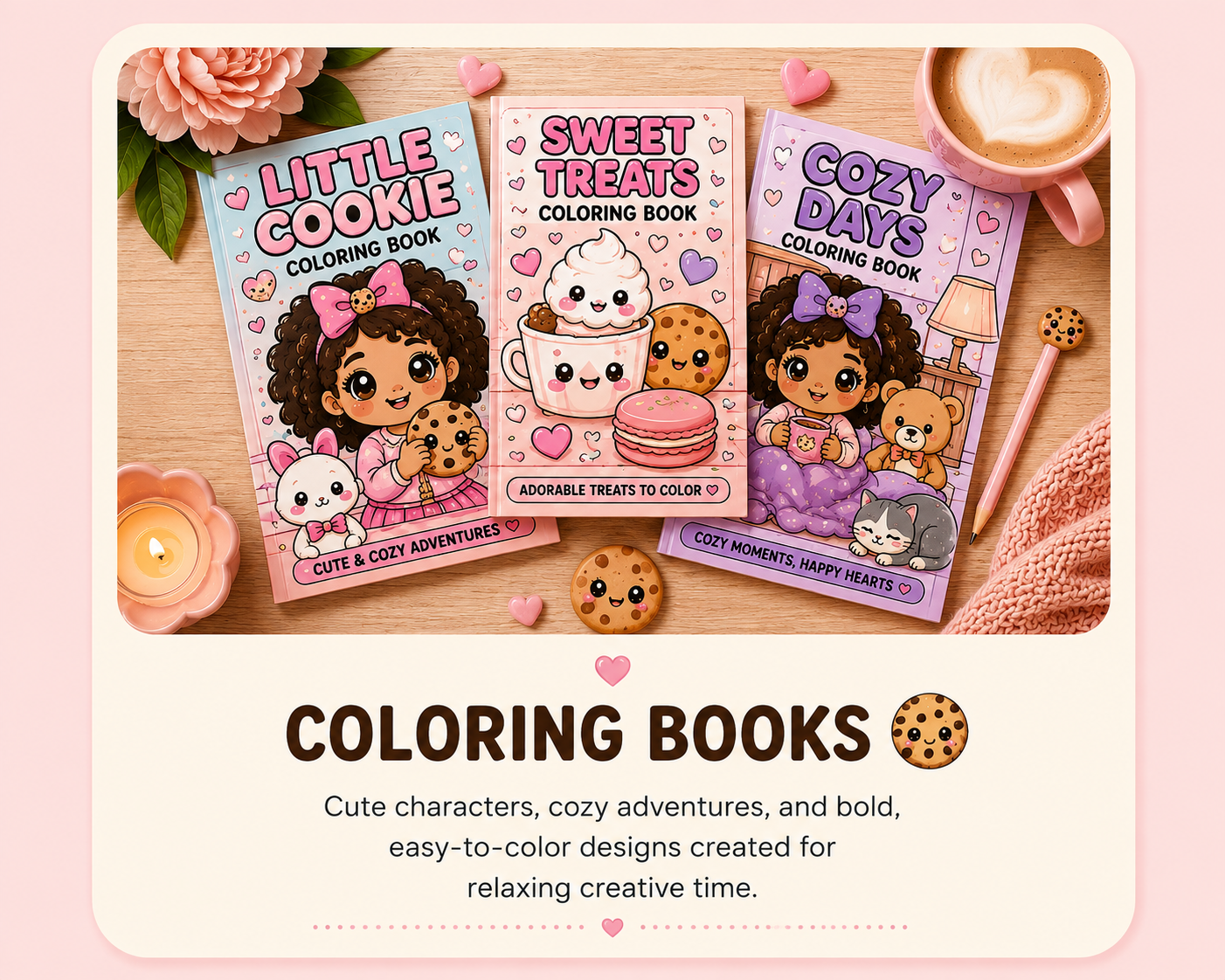 A promotional image for coloring books featuring cute characters and cozy themes. Three coloring books are displayed: "Little Cookie," "Sweet Treats," and "Cozy Days," with illustrations of adorable kids, animals, cookies, and sweets. Surrounding items include a candle, a pink mug with a heart-shaped latte art, a pink and a purple pen, small heart-shaped objects, and a knitted cloth, all set on a wooden surface with a soft pink background.