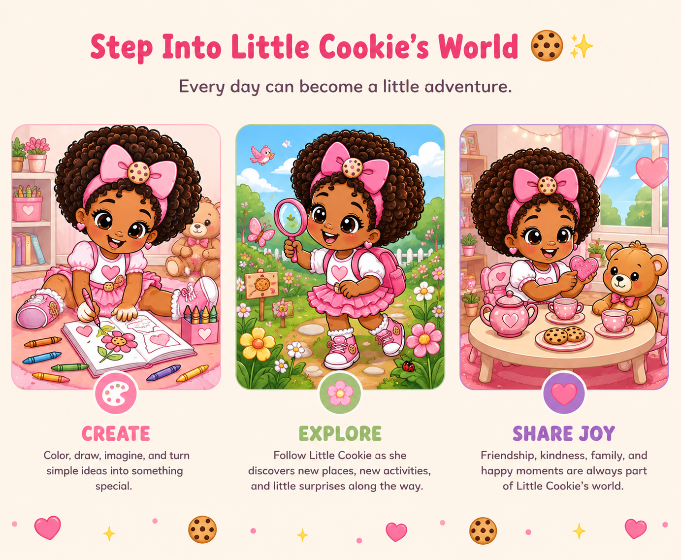 Colorful children's illustration promoting childhood exploration and creativity with three sections: a girl drawing with crayons and a teddy bear, a girl exploring outdoors with a backpack and magnifying glass, and a girl sharing tea with a teddy bear. The text emphasizes creating, exploring, and sharing joy.