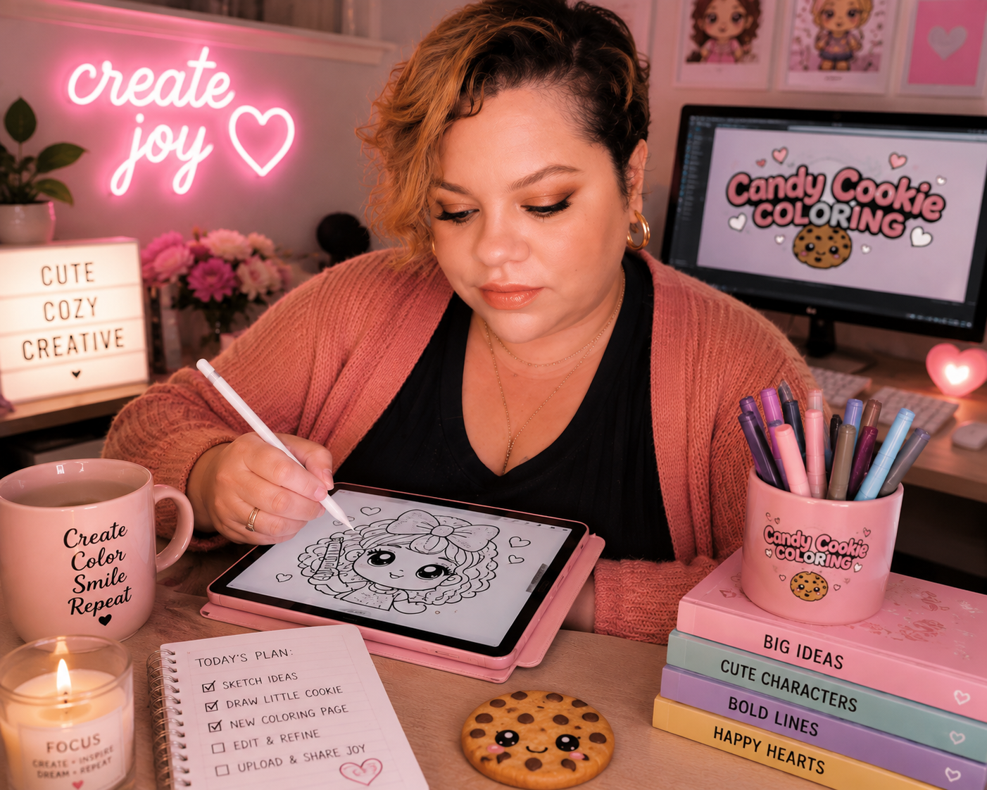 A woman creating a digital coloring page of a cute girl on a tablet at a desk. The workspace is decorated with pink themed items, including a mug reading 'Create Color Smile Repeat,' a container of colorful markers, a stack of colorful books, a lit candle, and a cookie with a cute face. There is a neon sign that says 'create joy' and a computer screen with 'Candy Cookie Coloring.' The background has cute posters and a lightbox with creative words.