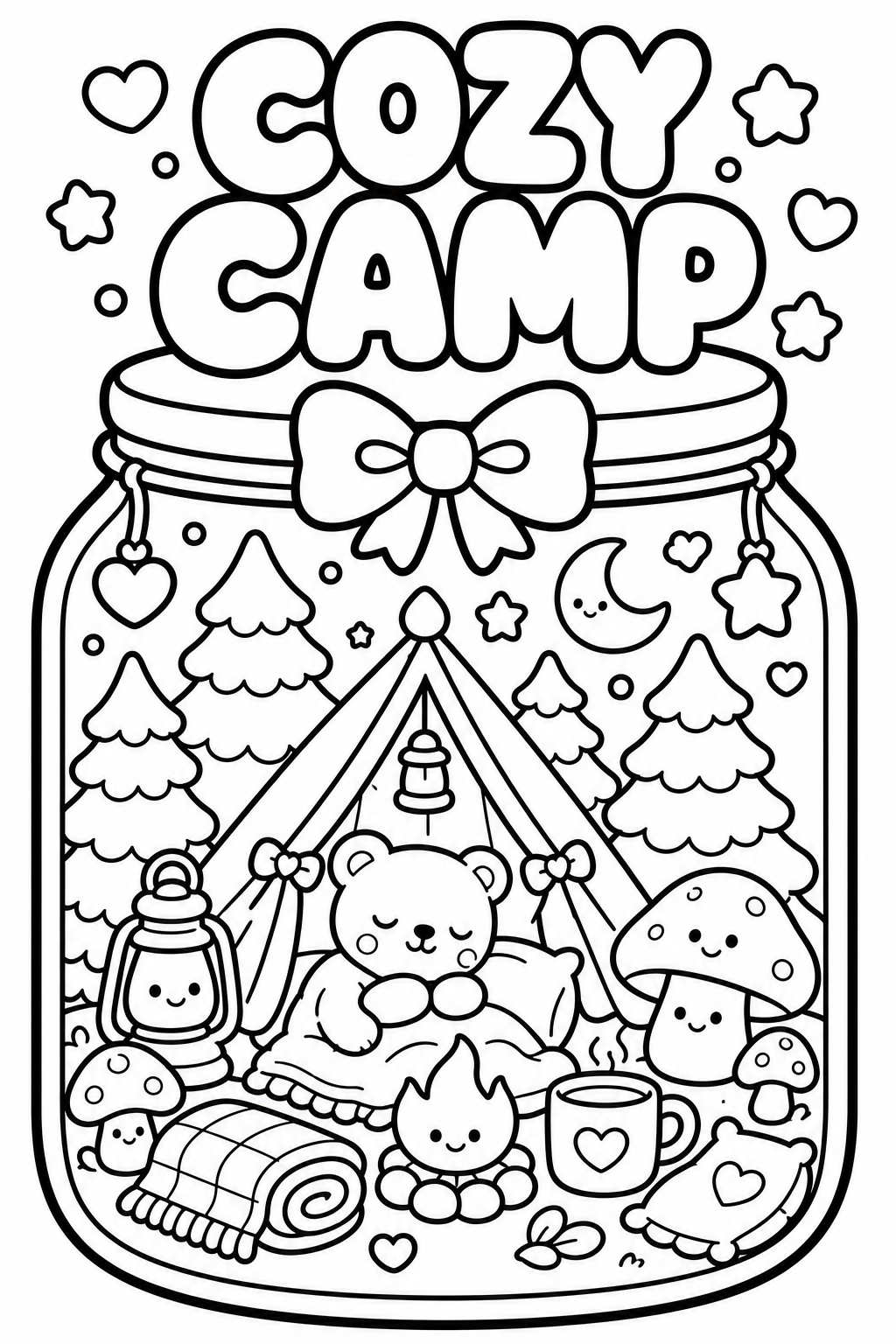 A black and white coloring page with the words "Cozy Camp" at the top, featuring a camping scene inside a jar shaped outline. The scene includes a bear sleeping in a tent surrounded by trees, stars, a moon, mushrooms, a lantern, a rolled blanket, a c