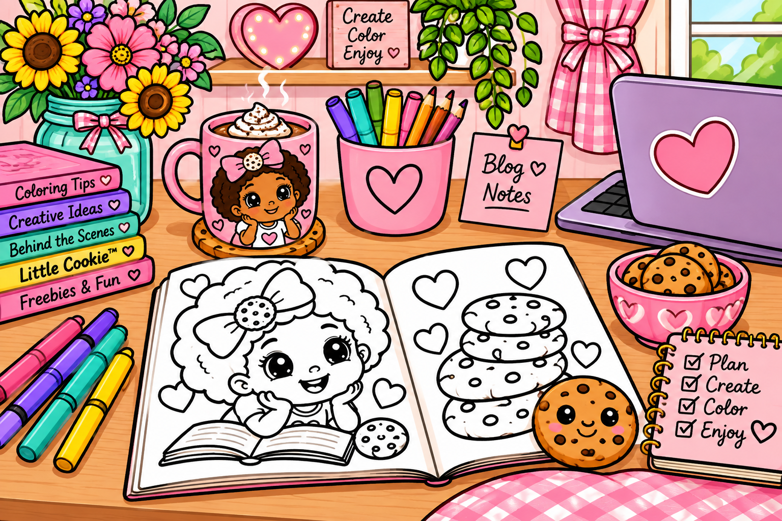 Coloring workspace with books, markers, a coffee mug with a girl character, and cookies. There is a laptop, potted flowers, and decorative signs that say 'Create Color Enjoy' and 'Blog Notes'. The coloring books feature a girl with curly hair and a stack of cookies. The workspace is decorated with pink, purple, yellow, and green items, and there's a window with a view outside.