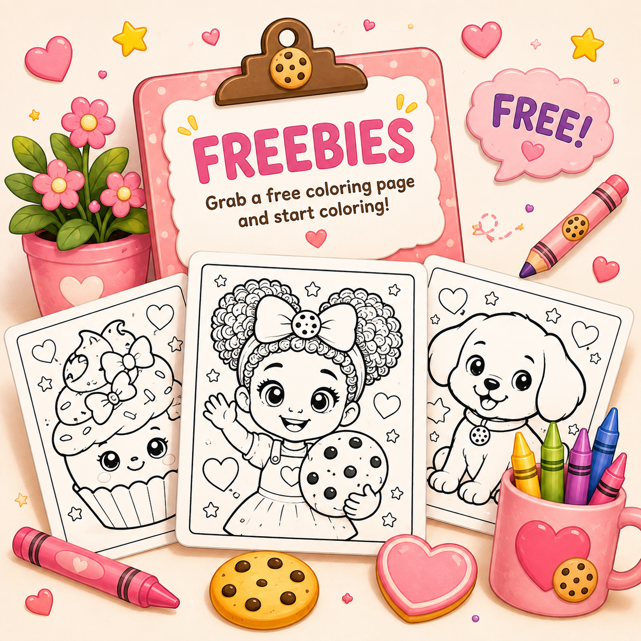 Colorful promotional image for free coloring pages featuring cute cartoon girl and puppy with hearts, stars, cookies, crayons, and a potted plant.