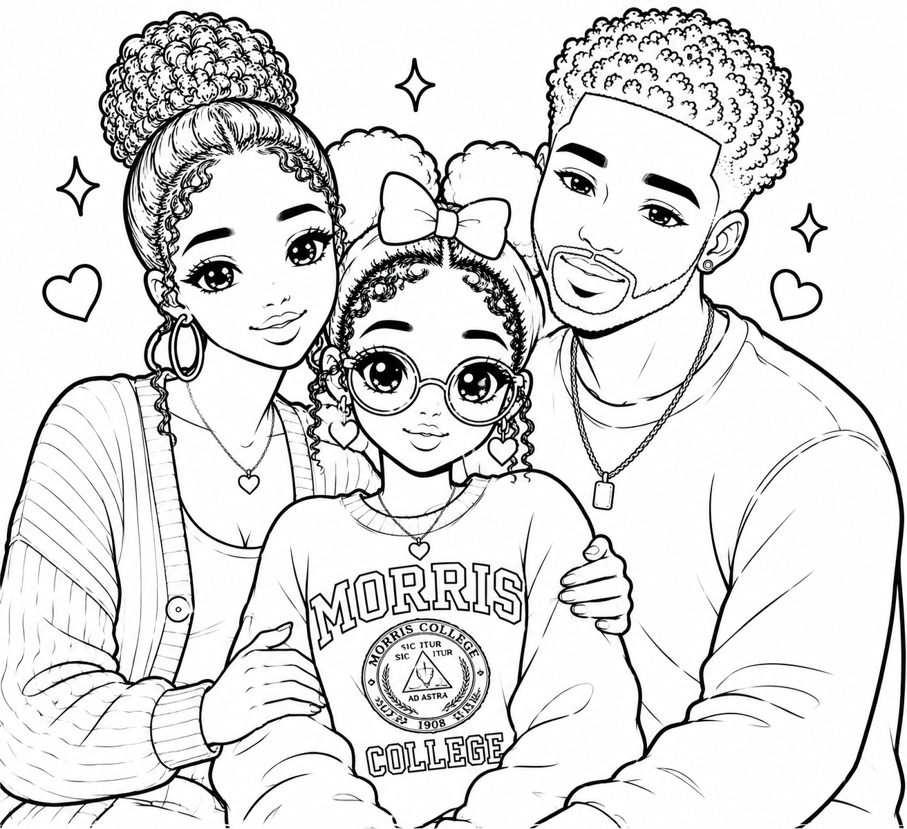 Black and white illustration of a family of three, including a woman with curly hair in a high bun, a young girl with glasses, and a man with a beard and curly hair, all smiling with hearts and stars around them.
