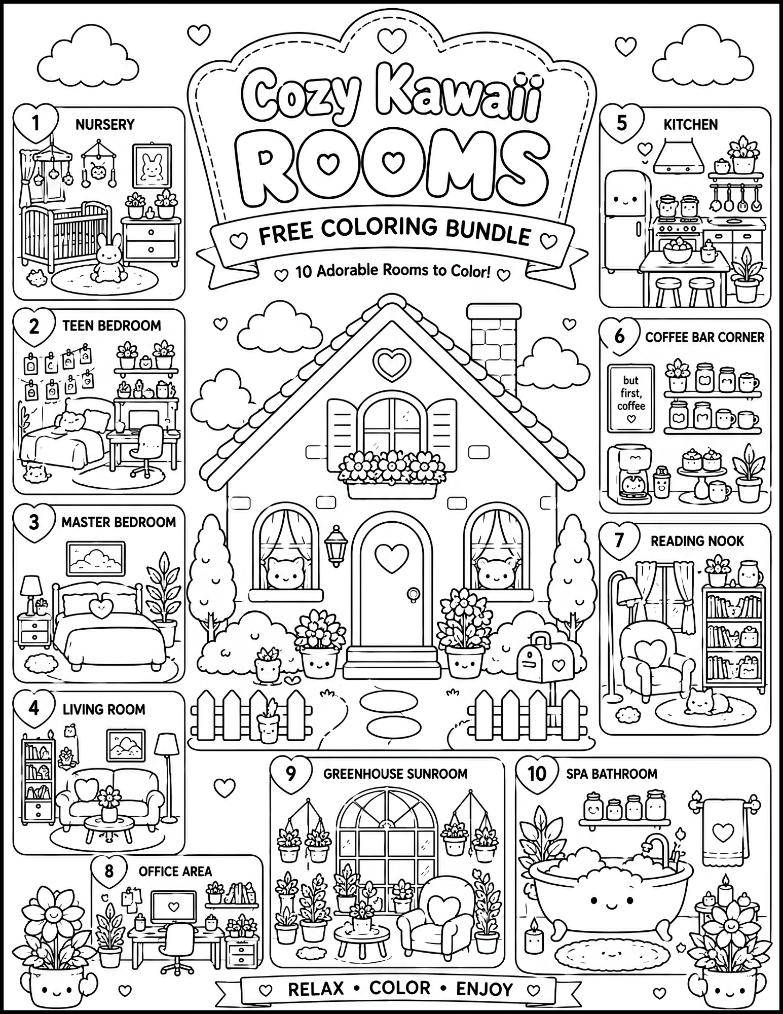 10 Free Cozy Kawaii Rooms Coloring Pages (Printable PDF Bundle)