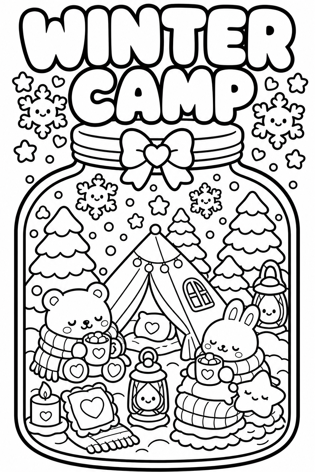 A black and white coloring page featuring a winter camp scene with cute animals, a tent, trees, snowflakes, candles, and a banner that says 'Winter Camp'.