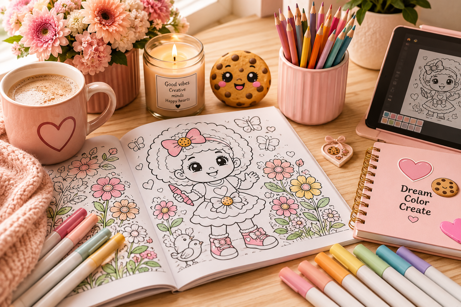 A coloring book with a girl and flowers, surrounded by colored markers, a pink mug with a heart, a pink container of colored pencils, a lit candle, a cookie with a cute face, and a tablet with a drawing of the girl. There are also decorative items like a pink knitted cloth and small cookies on the table.