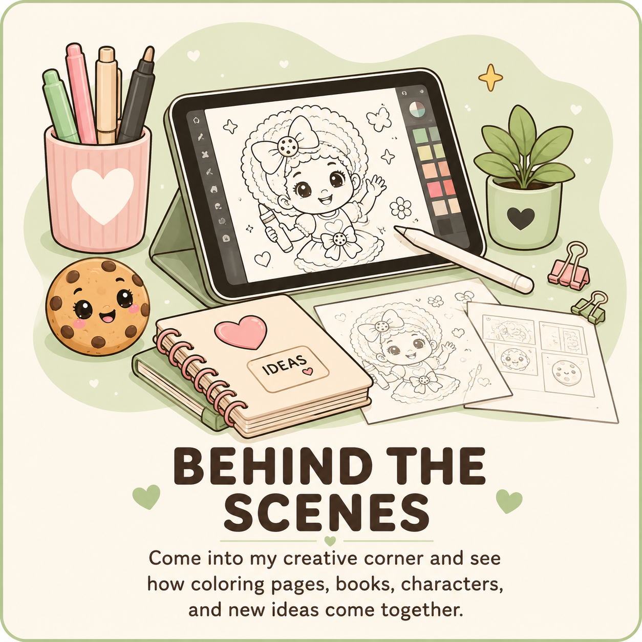 A colorful illustration of a creative workspace with a tablet displaying a coloring app of a girl holding a crayon, surrounded by coloring pages, a notebook labeled 'Ideas', a cookie, pens in a cup, a plant, paper clips, and a stylus. The scene is cheerful with pastel colors and includes text that says 'Behind the Scenes' and a description inviting viewers to see how coloring pages, books, characters, and ideas come together.