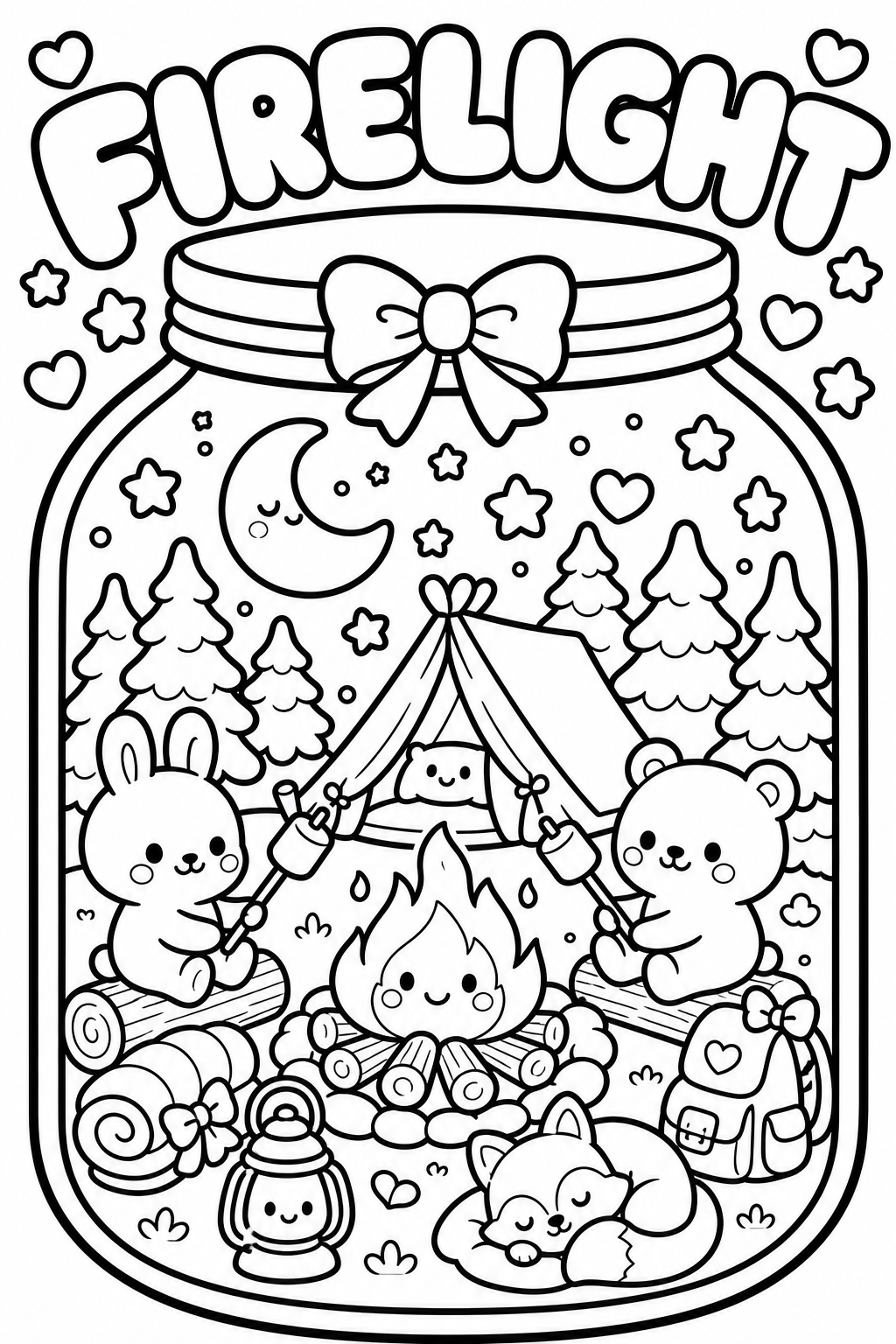 Black and white illustration of a cozy camping scene inside a jar labeled 'FIRLIGHT' with a bow on top. Inside the jar, there are trees, a tent with a smiling bear peeking out, a campfire with a happy flame, a bunny and a bear roasting marshmallows, 
