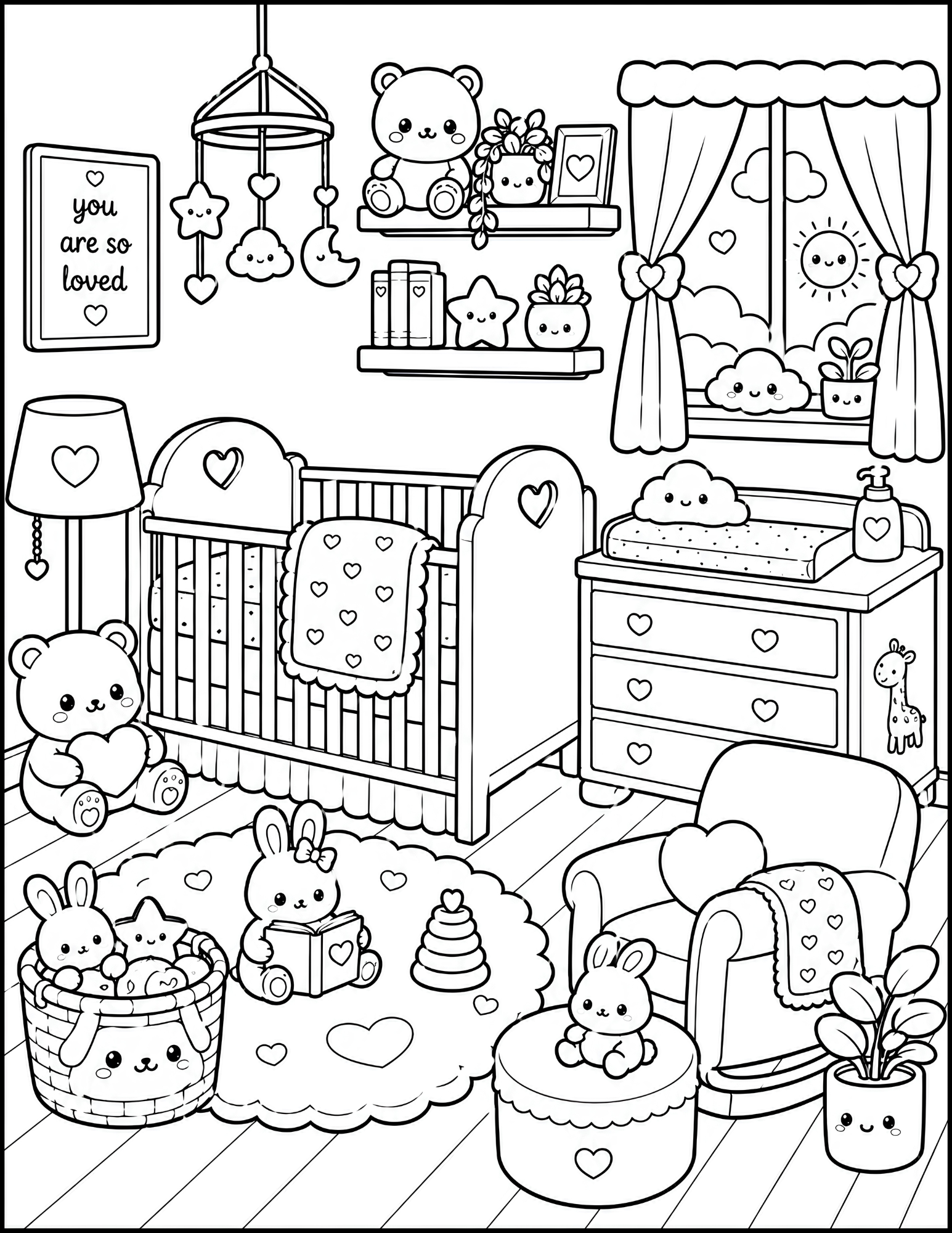 Black and white illustration of a cozy baby's nursery room with toys, furniture, and decorations featuring hearts, stars, and clouds. There is a crib, a rocking chair, a dresser, a window with curtains, shelves with stuffed animals, books, and plants
