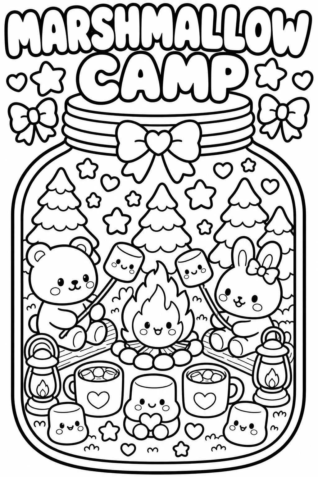 Coloring page titled 'Marshmallow Camp' with adorable animal characters around a campfire, marshmallows on sticks, and surrounded by trees, stars, hearts, and lanterns.
