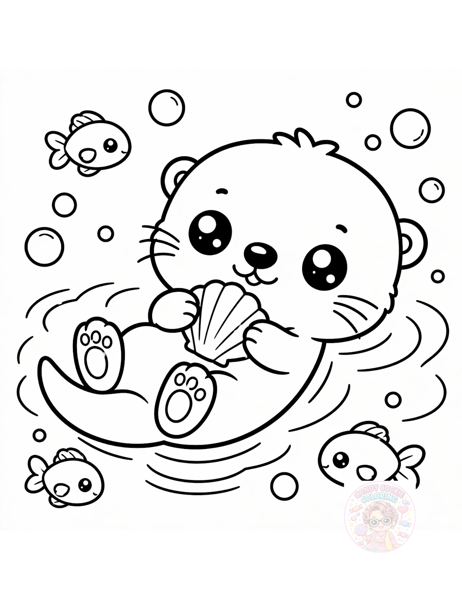 Black and white line drawing of cute otters swimming underwater among bubbles, holding shells and surrounded by water ripples.