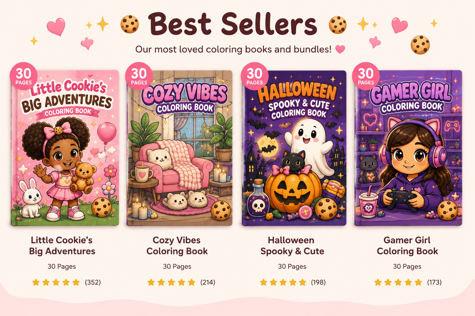 Display of four children's coloring books titled 'Best Sellers' with themes of adventure, cozy vibes, Halloween, and gaming, each with 30 pages and ratings represented by stars.