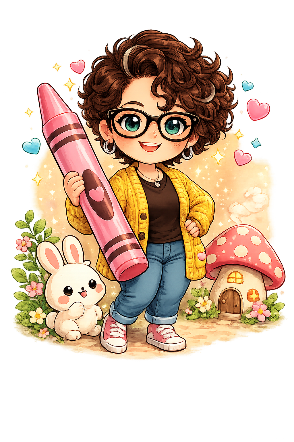 Cartoon girl with curly brown hair, glasses, wearing a yellow cardigan, black shirt, blue jeans, pink and white sneakers, holding a large pink crayon, accompanied by a white bunny, pink mushroom house, and hearts and sparkles in the background.