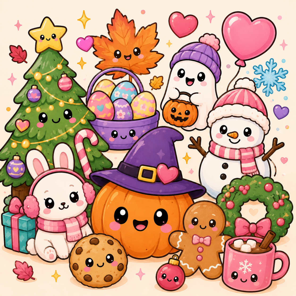 Cute holiday illustration with animated Christmas tree, pumpkins, snowmen, gingerbread, cookies, Halloween hat, and holiday themed decorations.