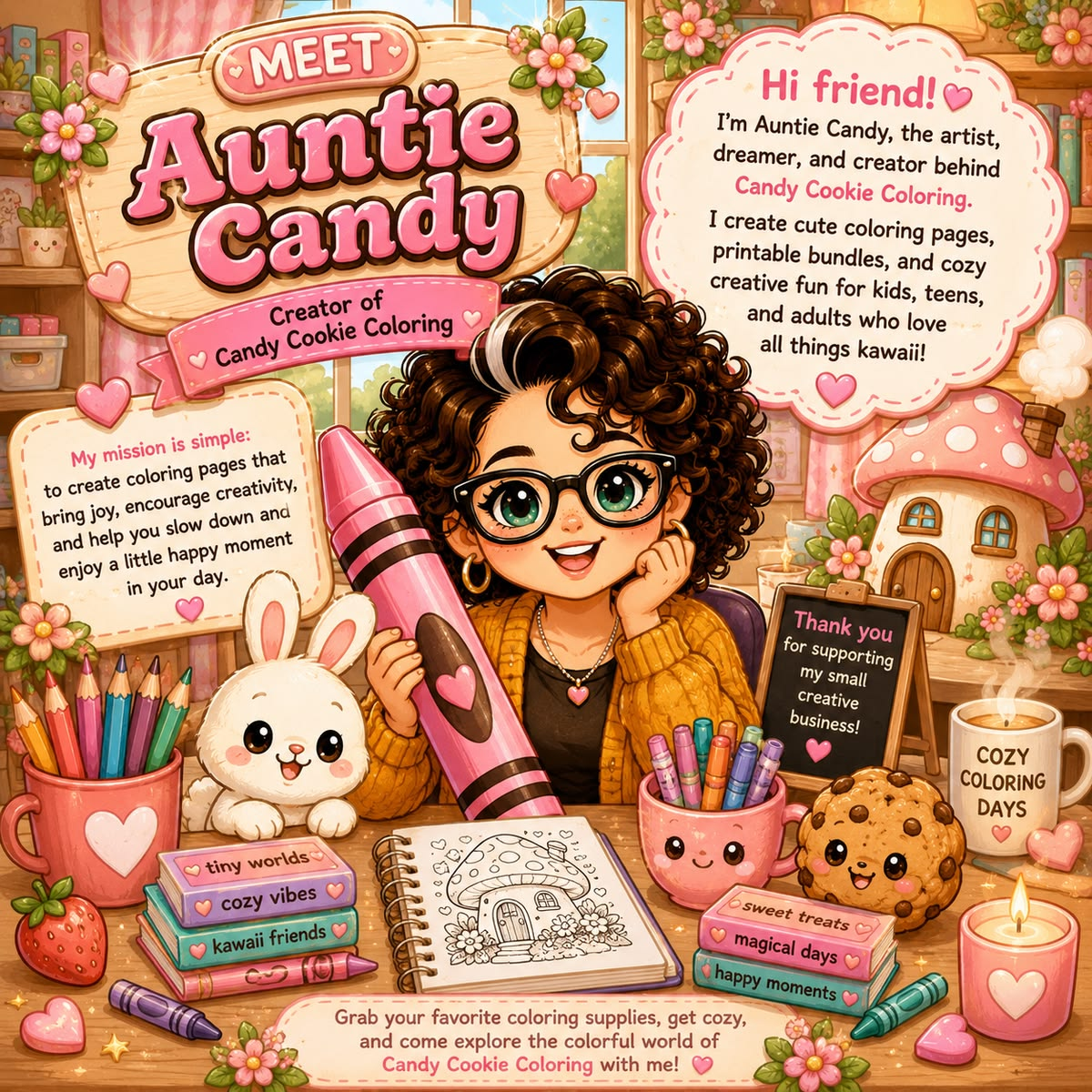Colorful illustration of Auntie Candy, the creator of Candy Cookie Coloring, at her cozy craft space filled with coloring supplies, a bunny, books, pink hearts, cookies, and a mushroom house, welcoming viewers to her coloring page community.