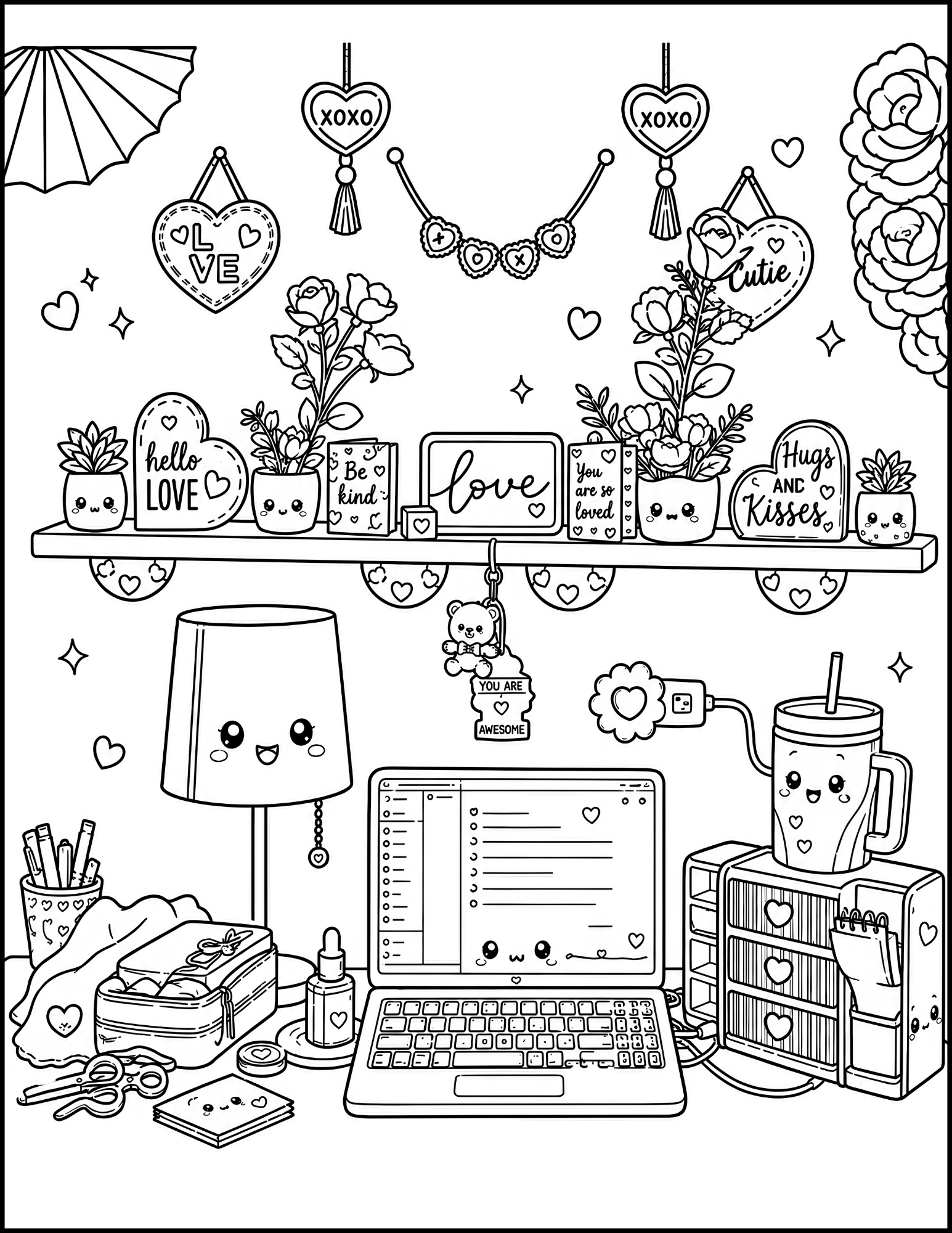 A black and white coloring page of a desk with various stationery items, a computer, a shelf, potted plants, and wall decorations with hearts and love-themed words.