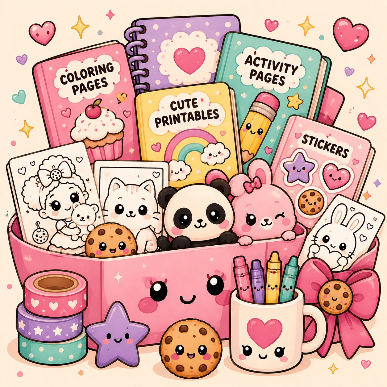 Cute stationery and coloring supplies with cartoon animal characters and stickers, including notebooks, pens, markers, and decorative tape.