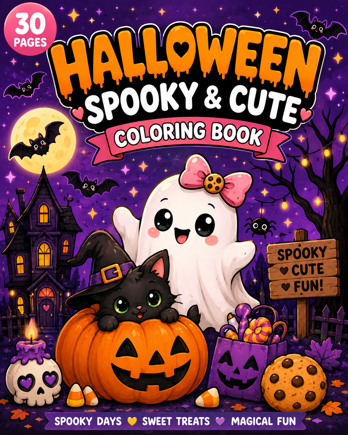 A colorful Halloween-themed coloring book cover featuring a cute ghost with a pink bow and a black cat wearing a witch's hat, surrounded by pumpkins, candy, a spooky mansion, bats, spiders, a full moon, and trees with string lights. Text includes '30 Pages', 'Spooky, Cute & Fun', and phrases about Halloween fun.