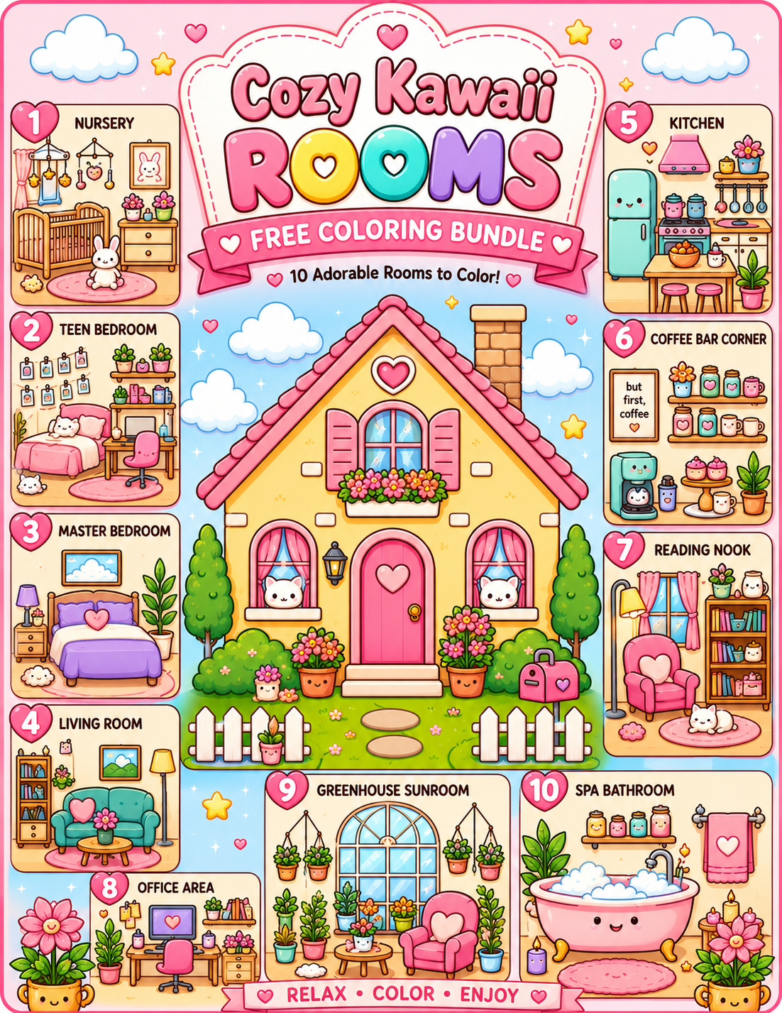 Colorful illustrated map of a cozy house with 10 rooms, including nursery, teen bedroom, master bedroom, living room, office area, greenhouse sunroom, spa bathroom, reading nook, kitchen, and coffee bar corner, surrounded by clouds, stars, and flowers.