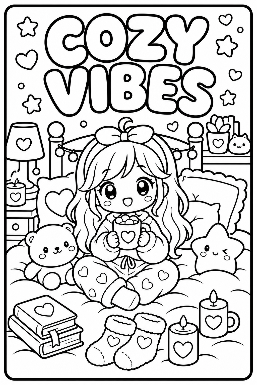 A coloring page with a cute girl sitting on a bed, holding a mug, surrounded by teddy bear, star-shaped pillow, candles, books, and other cozy items. The background features the words "COZY VIBES" with stars and hearts.