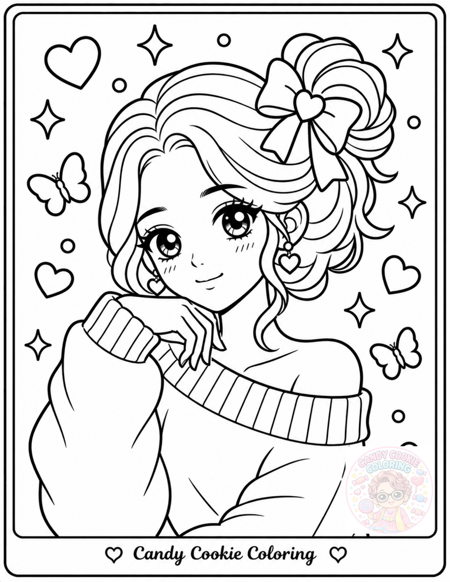Black and white coloring page featuring a cute girl with big eyes, long wavy hair adorned with a bow, wearing a sweater with striped sleeves, surrounded by hearts, stars, and butterflies, with the text 'Candy Cookie Coloring' at the bottom.