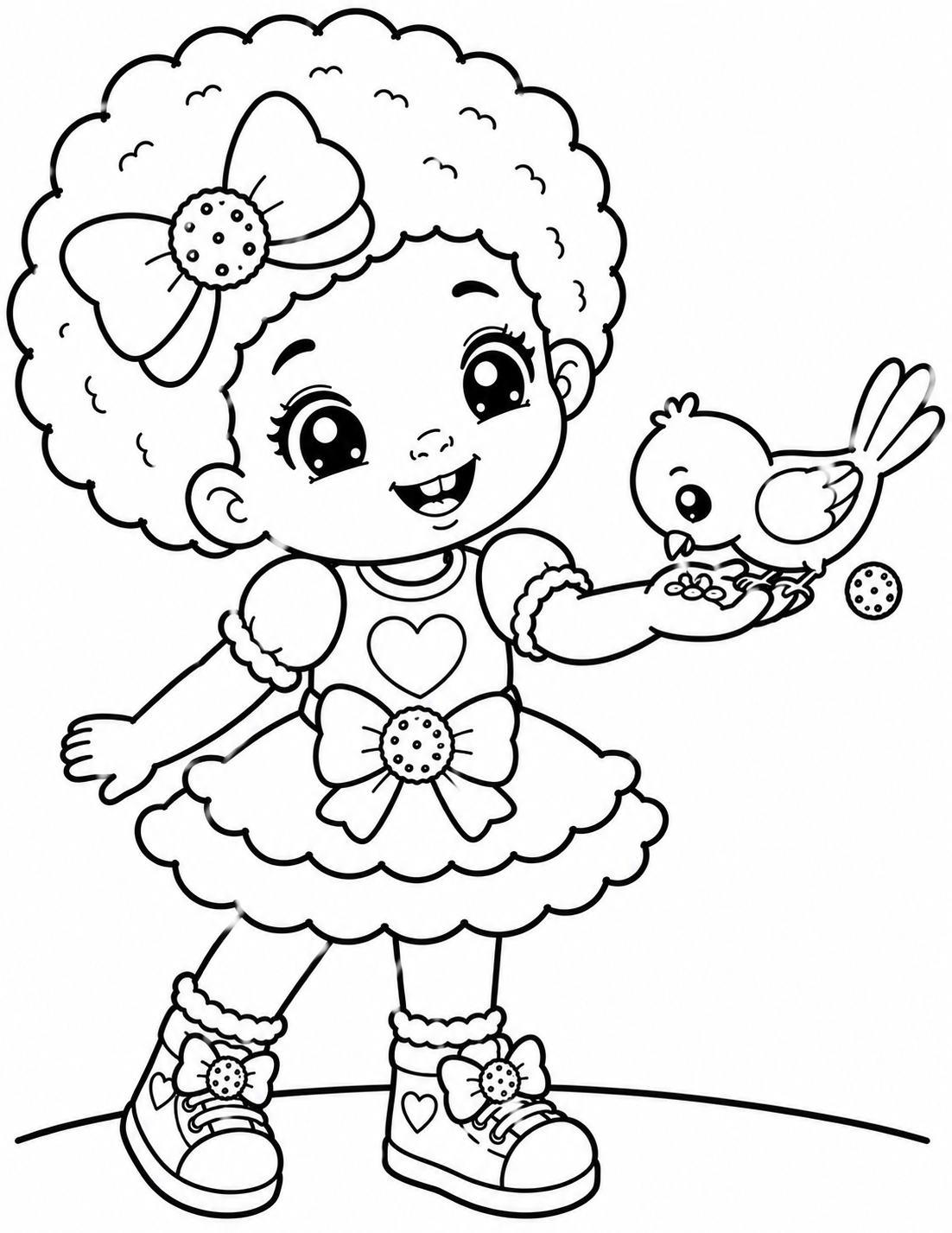 Black and white coloring page of a smiling young girl with large eyes, curly hair decorated with a bow, wearing a dress with a heart and bow design, holding a bird with a small bowl of food, and wearing sneakers.