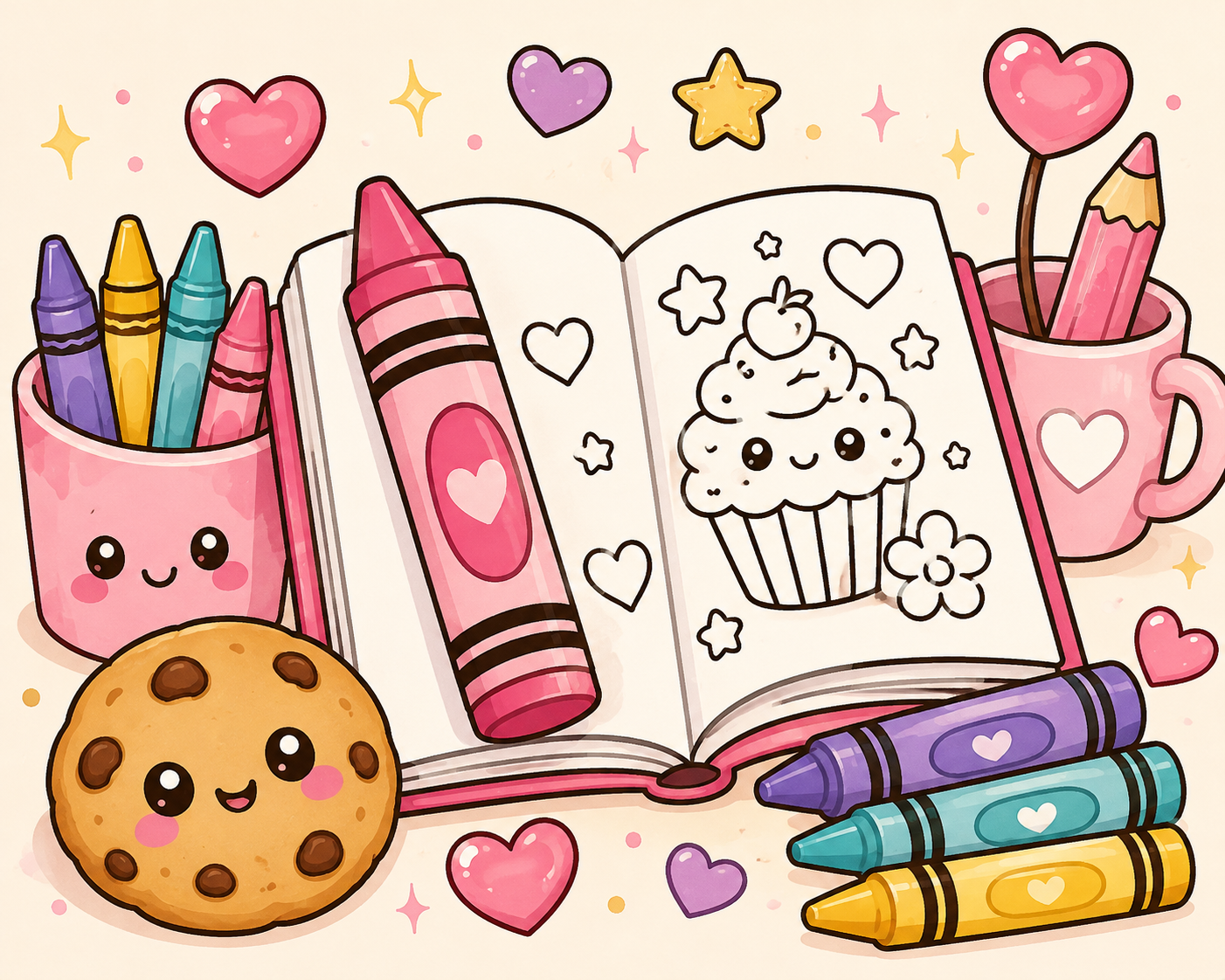 Colorful drawing of a cute, decorated open coloring book with a cupcake illustration, surrounded by crayons, markers, a smiling cookie, and cups of crayons with heart-shaped decorations, stars, and hearts.