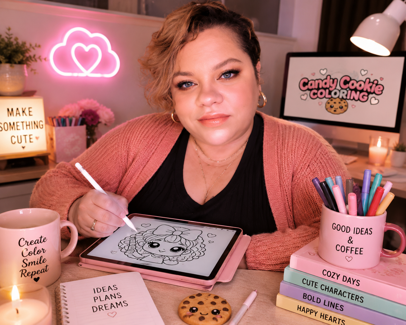 A woman sitting at a desk coloring on a digital tablet with a stylus. The desk is decorated with notebooks, a cookie, and various colorful markers in mugs. There are positive-themed signs and lights in the background, including a neon heart cloud and a screen that says 'Candy Cookie Coloring.'