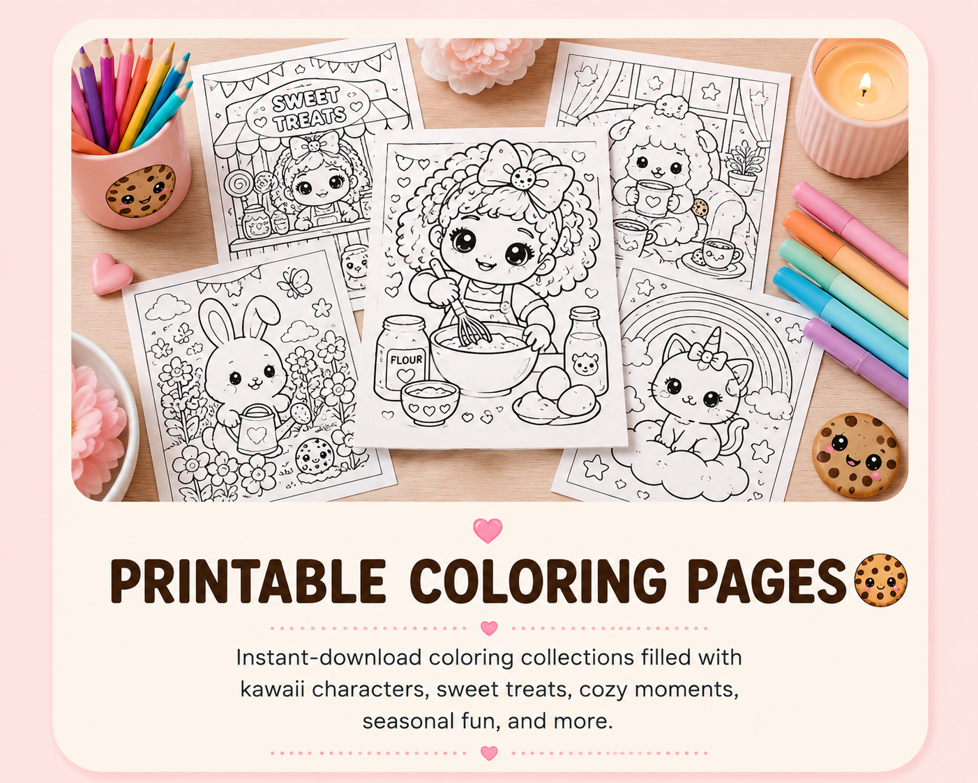 A collection of printable coloring pages featuring kawaii characters such as a bunny, girl baking, a sheep, a unicorn cat, and a girl with a dog, surrounded by colorful markers, pencils, a candle, heart and cookie decorations, on a wooden table.