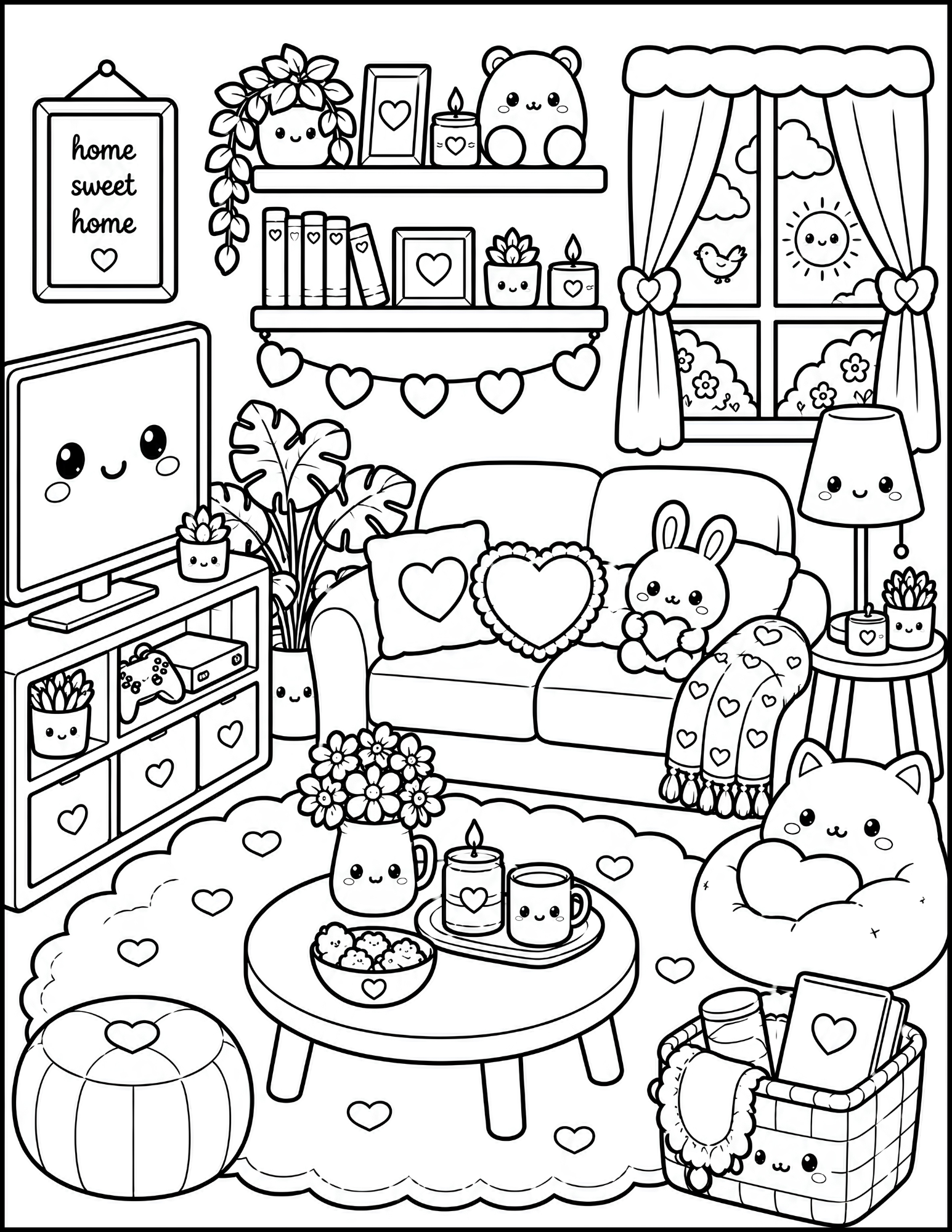 Black and white cute cozy living room with heart-themed decor, bookshelf, window with curtains, sofa with heart pillows, plush bunny, potted plants, candles, coffee table with mugs and cookies, TV, basket with books and blanket, and a large pumpkin w