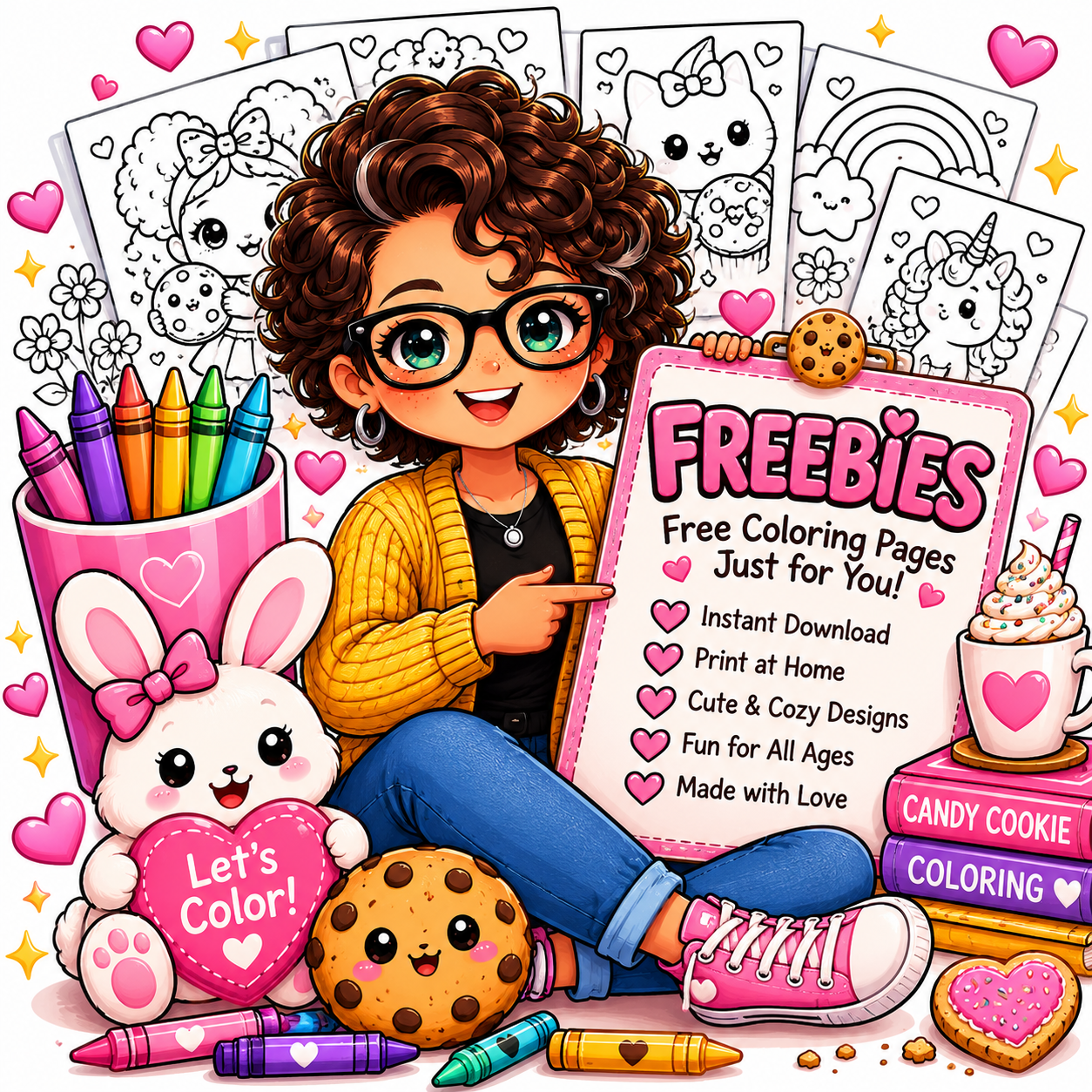 A colorful cartoon girl with curly brown hair, glasses, and a yellow sweater, smiling and pointing to a sign that advertises free coloring pages. The sign lists features like instant download, print at home, fun for all ages, and made with love. She is surrounded by coloring supplies, a stuffed white bunny with pink ears and a heart-shaped sign saying 'Let's Color!', a chocolate chip cookie with a cute face, and various black-and-white coloring pages featuring animals and rainbows. There are also pink and yellow hearts, stars, and a coffee mug decorated with hearts and whipped cream.