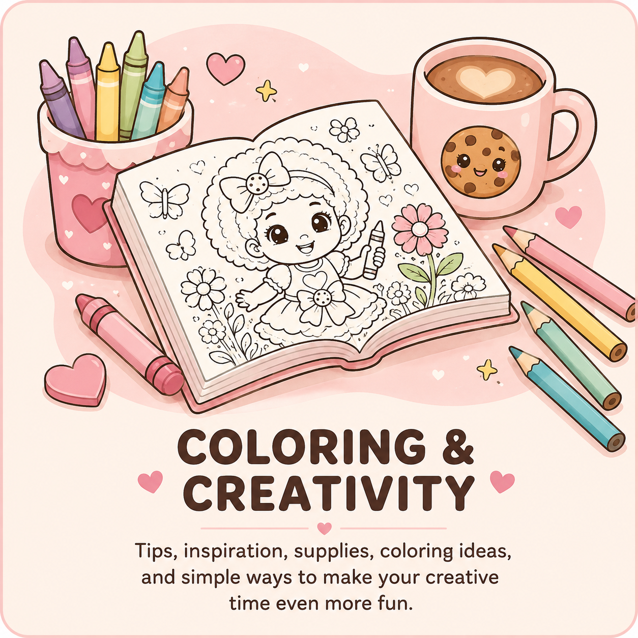 Cover image for coloring and creativity book featuring a pink background with hearts and stars. A sketch of a smiling girl in a dress surrounded by flowers and butterflies in a coloring book. Art supplies include colored pencils, crayons, and a cup of hot chocolate with a heart-shaped foam and a cookie. Text reads 'COLORING & CREATIVITY' and a subtitle about tips, inspiration, supplies, and simple ways to make creative time more fun.
