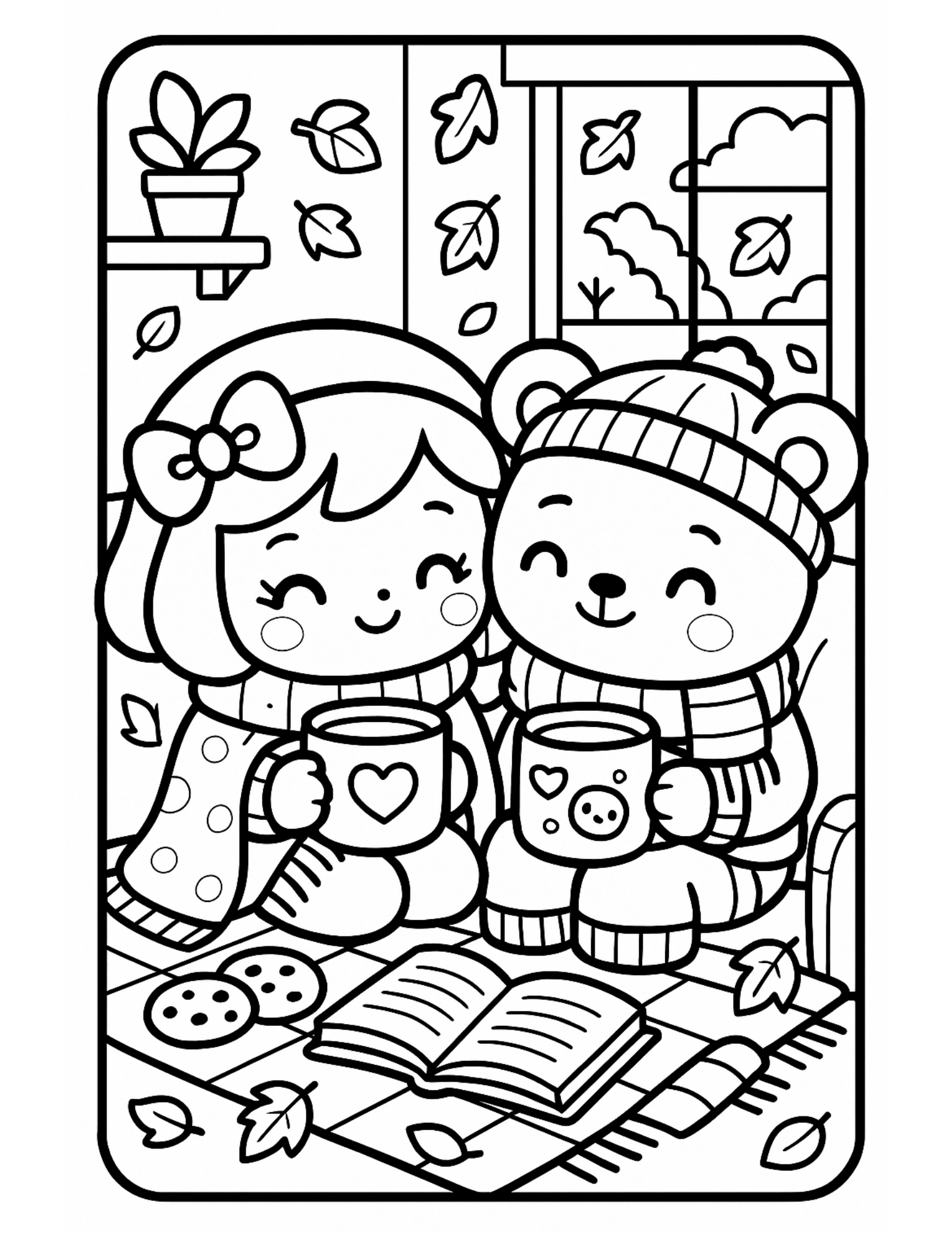 A black and white line drawing of a cozy indoor scene with two children sitting at a table, holding mugs with heart designs, and smiling. The background shows a window with a view of trees and clouds, falling leaves, a shelf with a potted plant, scattered leaves, a plate of cookies, an open book, a pencil, and a blanket draped over a chair.