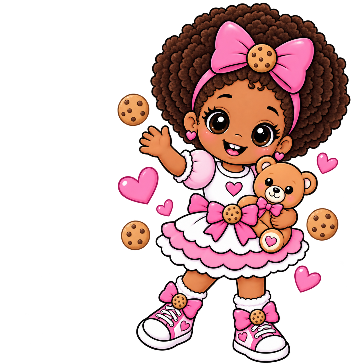 A cute cartoon girl with large brown curly hair, wearing a pink bow headband, pink and white dress with heart and bow details, pink sneakers with heart designs, holding a teddy bear, surrounded by pink hearts and cookies.