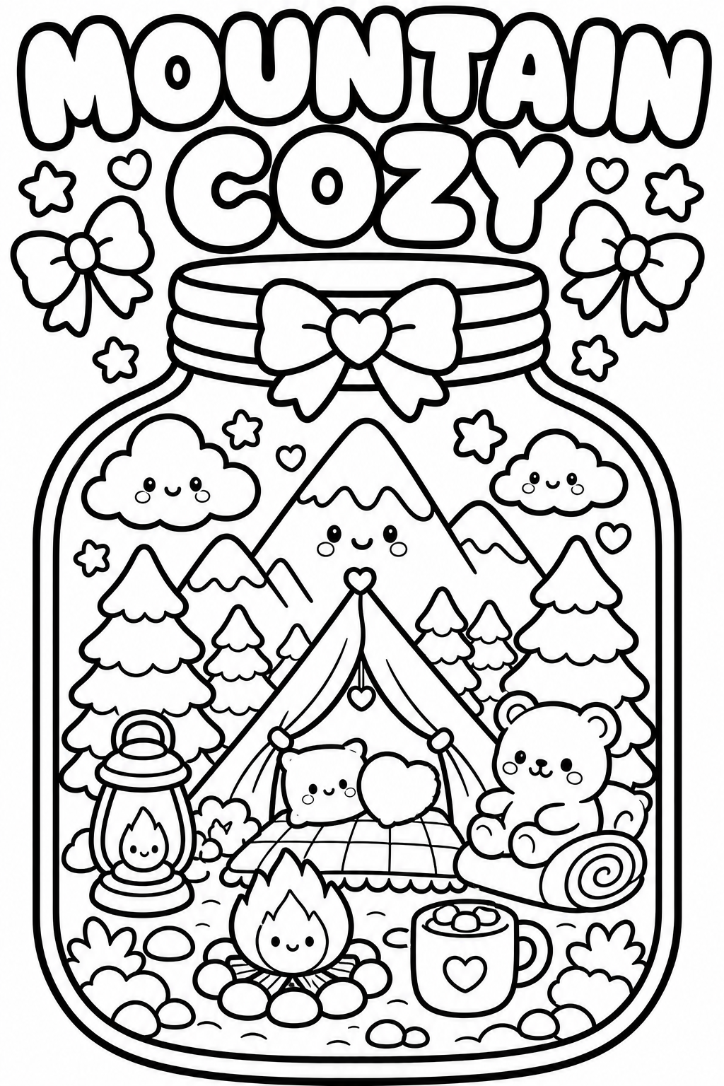 Black and white coloring page depicting a cozy mountain scene inside a jar, with cute smiling clouds, mountains, pine trees, a tent with a heart, a bear, a bear-shaped pillow, a campfire, a lantern, a mug, and the words 'Mountain Cozy' at the top sur