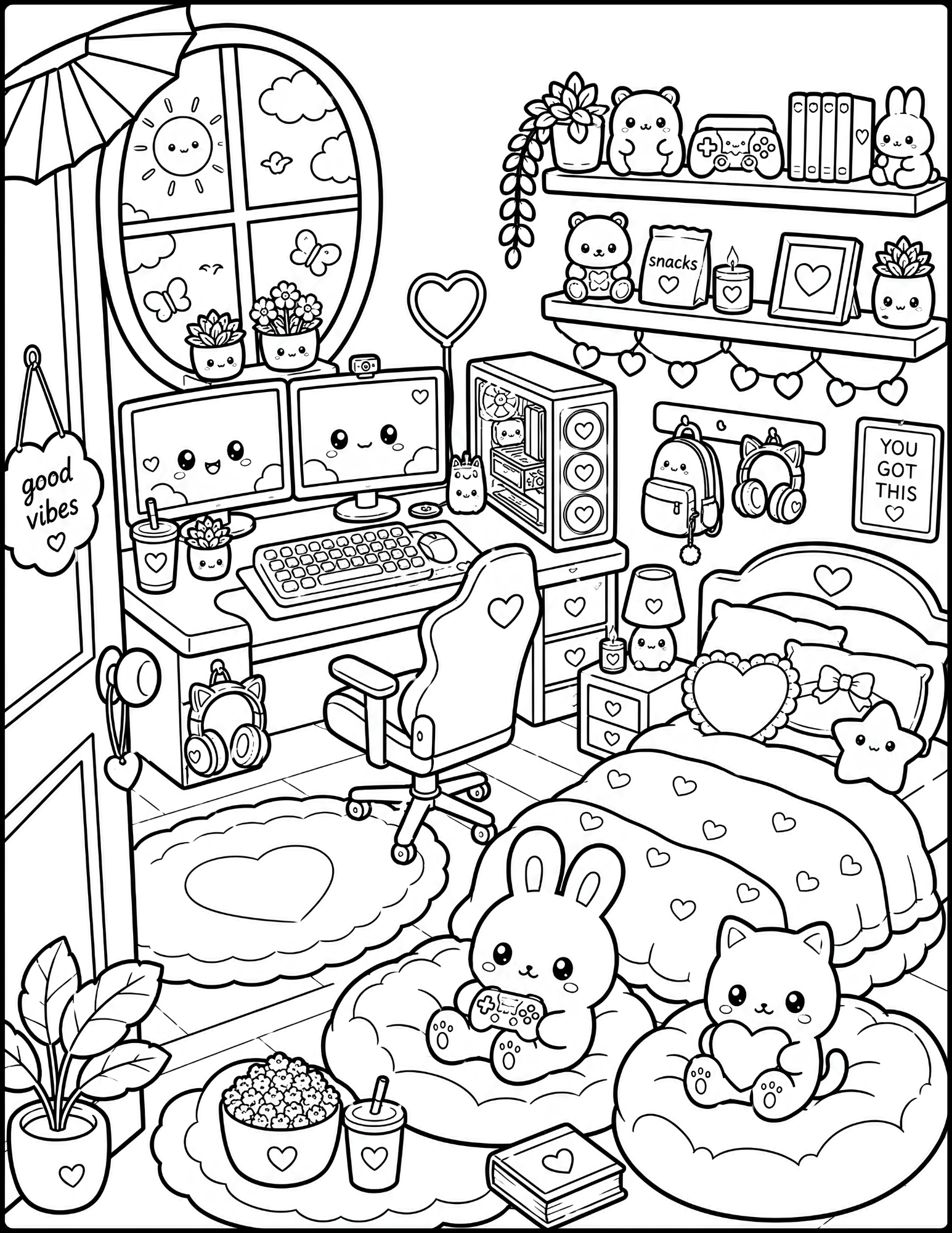 A cozy room with a large window showing a sunny sky with clouds, butterflies, and a smiling sun. There are shelves with toys and books, a desk with dual monitors, potted plants, and plush toys. The bed has heart-shaped pillows, and a small round tabl