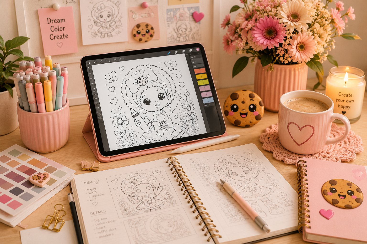 A workspace with a digital tablet displaying a coloring page of a smiling girl with flowers, surrounded by art supplies including markers, notebooks, a pen, a cup of coffee with a heart, a lit candle with