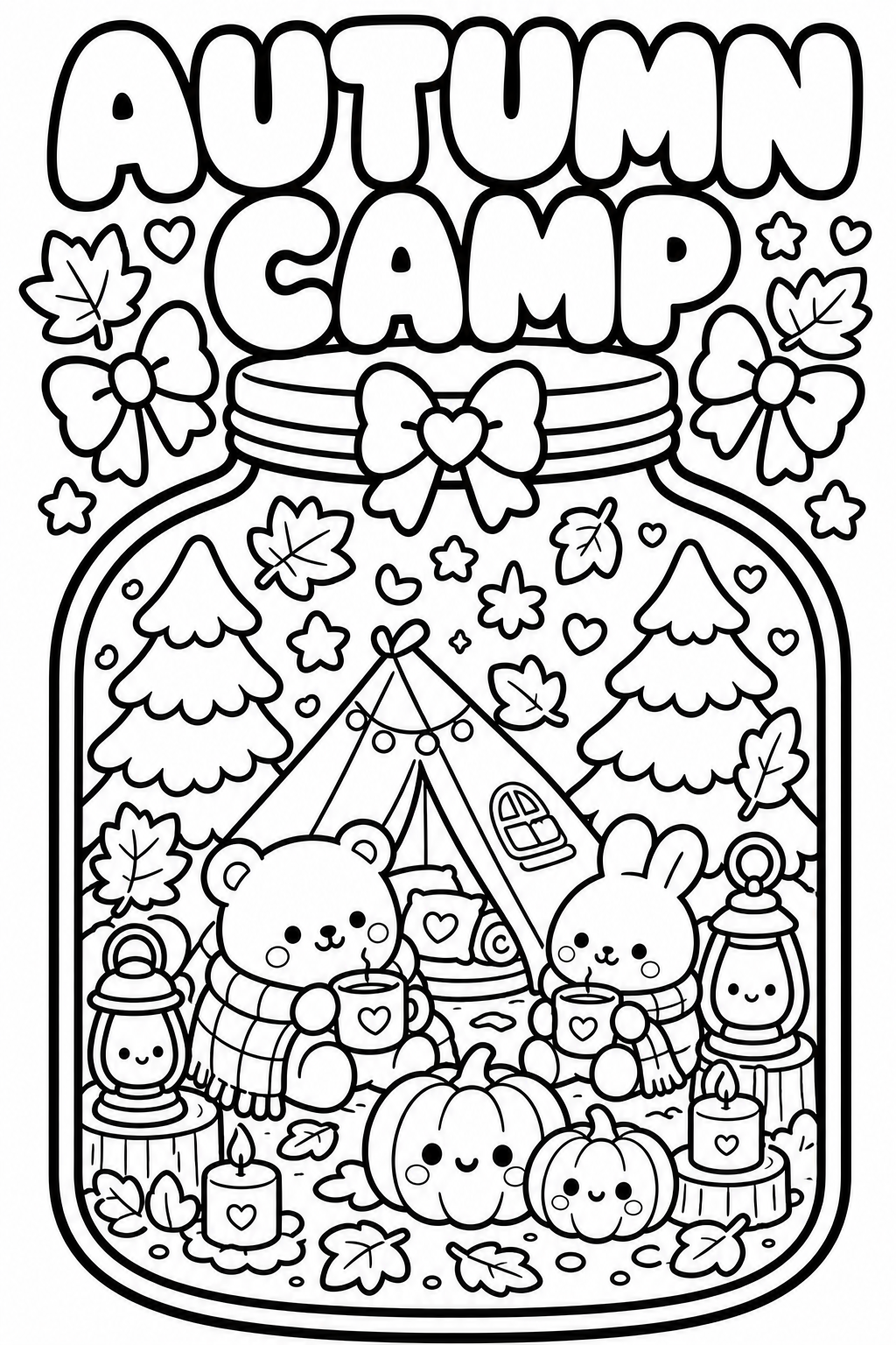 Black and white coloring page with the words 'Autumn Camp' at the top, a large jar with leaves and stars, two trees, a tent with string lights and a heart-shaped bow, two cute animals with hot beverages wearing scarves, pumpkins, lanterns, and autumn