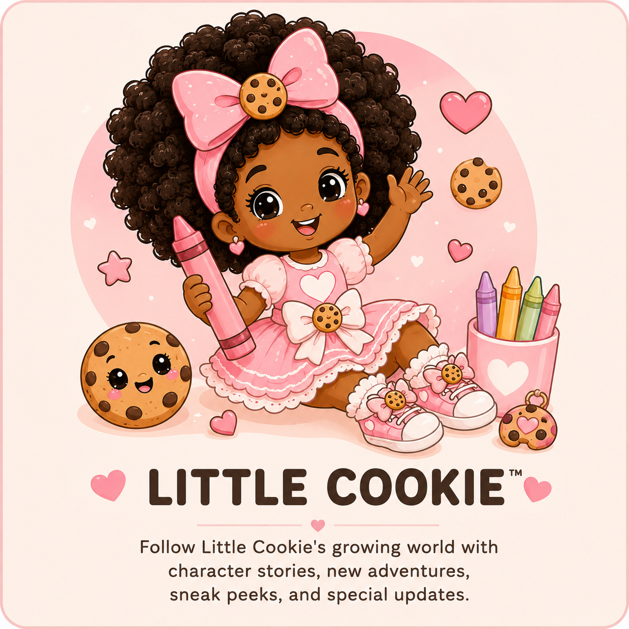 An illustrated little girl with big brown curly hair, wearing a pink dress and bow, sitting on the floor with cookies, hearts, and art supplies, promoting Little Cookie stories.